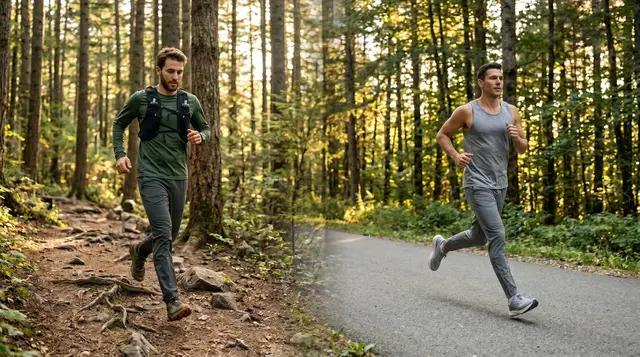 Moitié avec coureur sur route et moitié avec coureur sur trail
