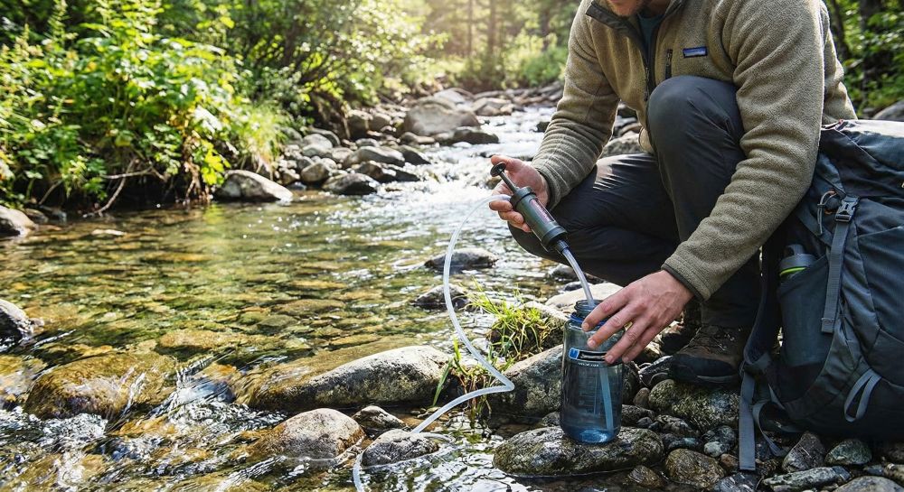 Randonneur près d'un torrent sauvage en train de remplir sa gourde en utilisant filtre à eau portable