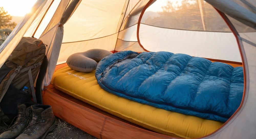 Tente, matelas gonflable et sac de couchage