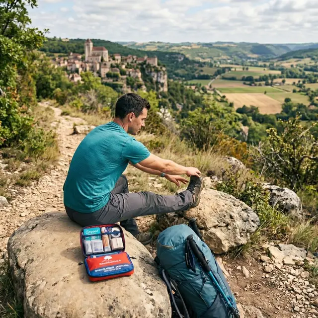 Un randonneur qui s'étire à côté d'une trousse de secours