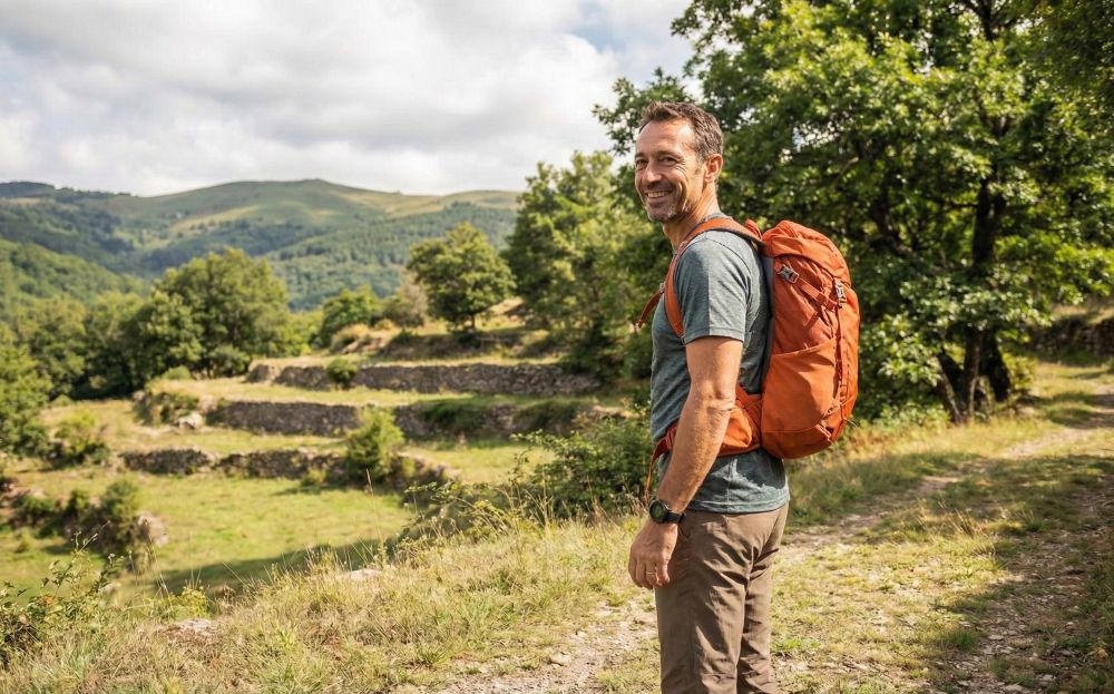 Marcheur souriant qui porte un petit sac à dos