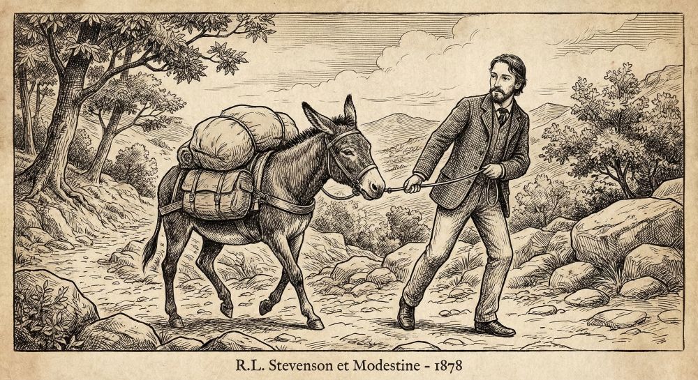 Illustration de Robert Louis Stevenson accompagné de son ânesse Modestine