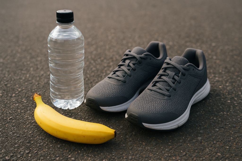Gourde d’eau et banane avec des chaussures de running
