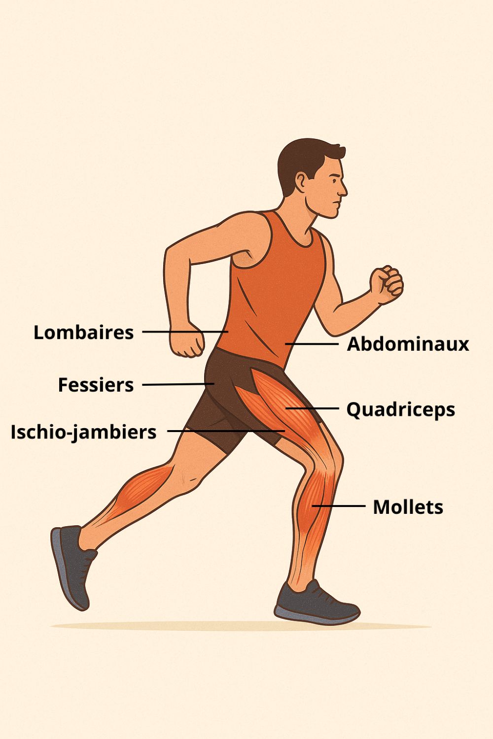 Un schéma simple des muscles sollicités en course